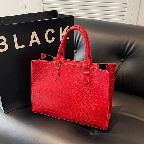 Women Crocodile Pattern PU Leather Tote Bag Large Capacity Commuting Office Handbag Zipper Embossed Solid Color