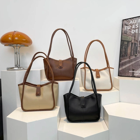 Bolso Tote De Cuero PU Para Mujer Bolso De Hombro Retro Tipo Cubo Para Escuela Trabajo Moda Color En Contraste Costura