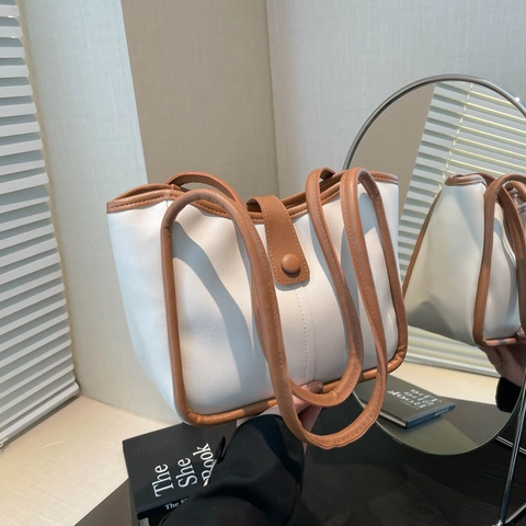 Bolso Tote de Cuero PU Retro para Mujer de Gran Capacidad Bolso de Hombro de Contraste para Conmutar Escuela Diario Moda Bolso de Mano de Color Sólido