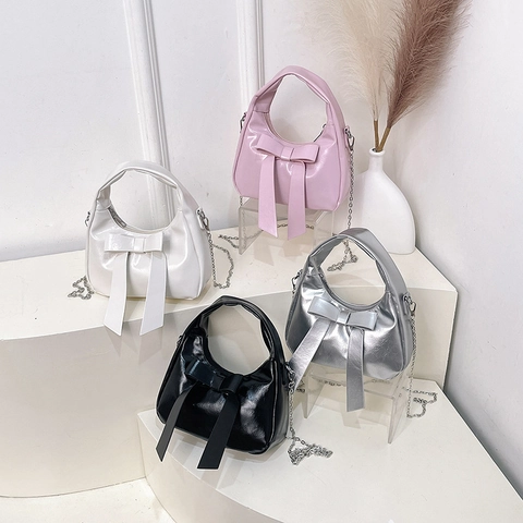 Bolso de Hombro con Lazo a la Moda para Mujer Bolso Bandolera de Cuero PU Elegante con Cadena de Metal Color Sólido