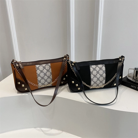 Borsa Sottobraccio Retro PU Pelle Patchwork Colorblock Catena Dorata Borchie Motivo Floreale Donne