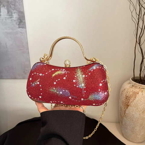Damen Abendtasche Clutch Pailletten Feder Muster Metallgriff Kette Hard Shell Box Tasche Party Hochzeit Retro