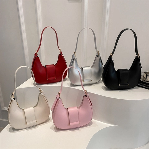 Minimalist Half Moon Hobo Bag PU Leather Solid Color Underarm Shoulder Handbag Golden Hardware Summer Fashion Women