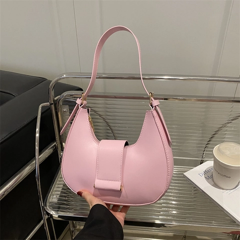 Minimalist Half Moon Hobo Bag PU Leather Solid Color Underarm Shoulder Handbag Golden Hardware Summer Fashion Women