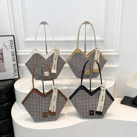 Houndstooth Fabric Large Capacity Tote Bag PU Leather Trim Contrast Color Shoulder Handbag For Women V-Shaped Design
