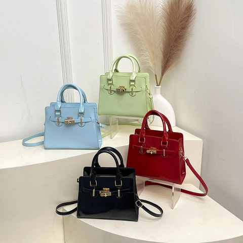 Women Handbag Glossy PU Leather Retro Crossbody Shoulder Bag With Gold Rotary Lock Trendy Commuter Small Square Bag