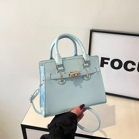 Women Fashion Handbag PU Leather Shoulder Crossbody Bag Glossy Finish Turn Lock Decorative Belt Large Capacity Top Handle