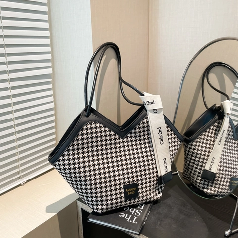 Damen Tote Tasche Mit Hahnentrittmuster PU Lederbesatz Große Kapazität Schultertasche V Ausschnitt Mode Pendler