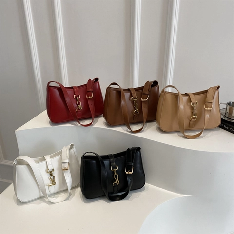 Bolso de Axila de Cuero PU Retro para Mujer Diseño de Hebilla de Pistón Vintage Bolso Bandolera Color Sólido Moda Diaria