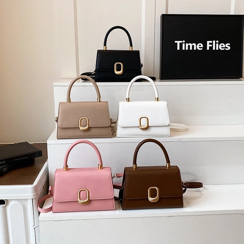 Women PU Leather Shoulder Bag Crossbody Handbag With Gold Metal Buckle Solid Color Elegant Commuting Flap Square Bag