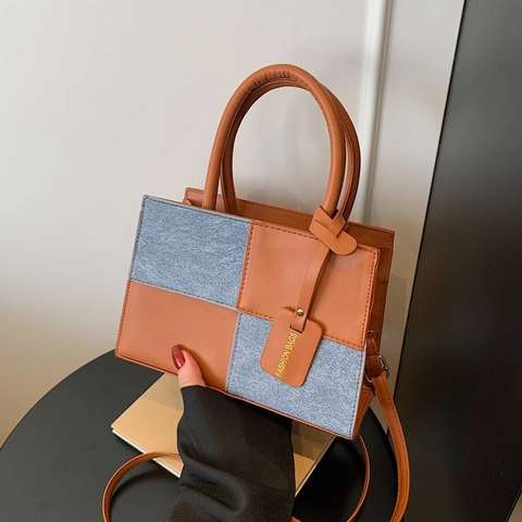 Borsa Quadrata Piccola Donna Splicing Retro Pelle PU Denim Scacchiera Borsa A Mano Con Tracolla Regolabile