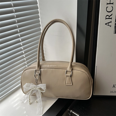 Women Underarm Shoulder Bag PU Leather Boston Handbag Minimalist Solid Color With Artificial Pearl Lace Bow Charm