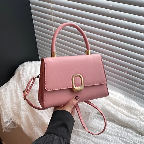 Women PU Leather Shoulder Bag Crossbody Handbag With Gold Metal Buckle Solid Color Elegant Commuting Flap Square Bag