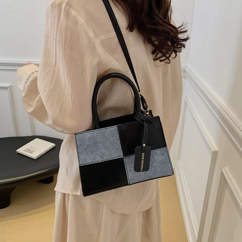 Borsa Quadrata Piccola Donna Splicing Retro Pelle PU Denim Scacchiera Borsa A Mano Con Tracolla Regolabile