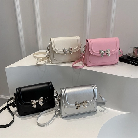 Damen PU Leder Umhängetasche Klein Quadratisch Mit Schleife Trendy Süße Flap Handtasche Mode Stil