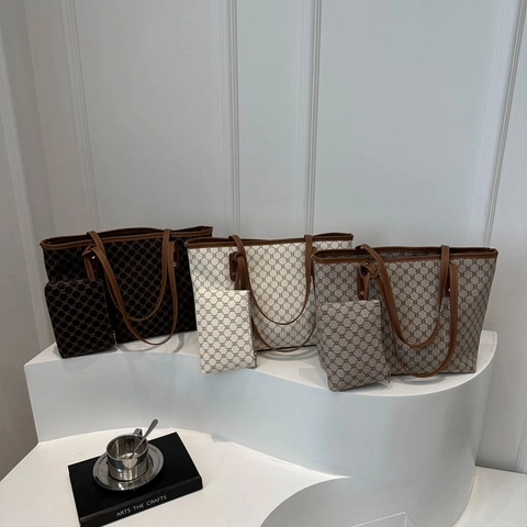 Vintage Monogram Tote Bag And Small Pouch Retro PU Leather Large Capacity Handbag Women Classic Office Bag