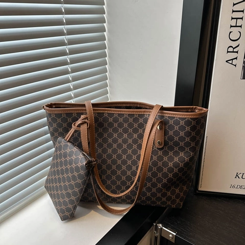 Vintage Monogram Tote Bag And Small Pouch Retro PU Leather Large Capacity Handbag Women Classic Office Bag