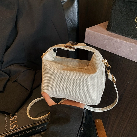 Borsa A Spalla Con Texture Intrecciata Da Donna PU Pelle Tracolla Mano Serratura Metallica Minimalista Vintage Forma Cuscino