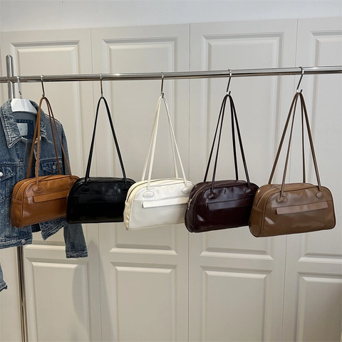 Bolso de Hombro de PU para Mujer de Moda Minimalista Color Sólido Bolso de Axila Vintage Brillante de Viaje Bolso Almohada Para Compras Diarias