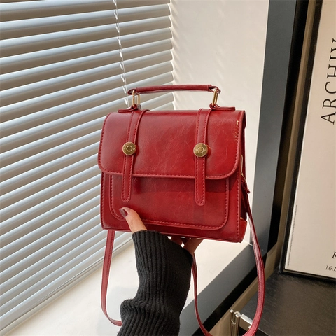Women Retro PU Leather Small Square Bag With Top Handle And Adjustable Shoulder Strap Fashion Flap Crossbody Handbag For Daily