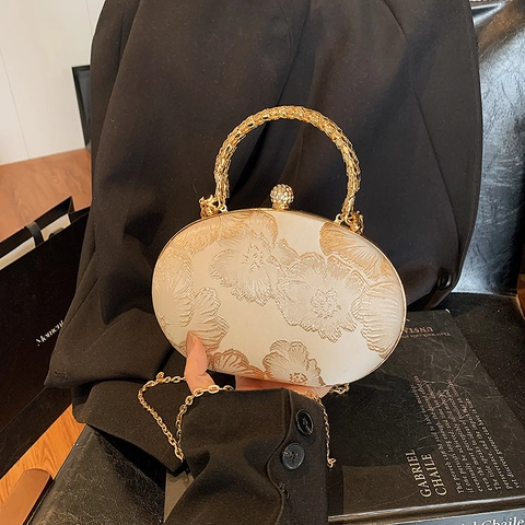 Bolso De Noche Con Bordado Floral Asa De Anillo Metálico Carcasa Rígida Cierre De Cristales Cadena Desmontable Retro