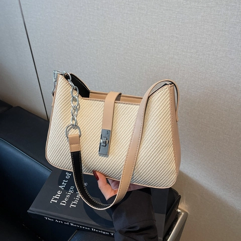 Women Underarm Bag PU Leather Twill Texture Metal Clasp Chain Strap Minimalist Commuter Shoulder Handbag For Ladies