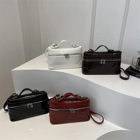Damen Retro Box Umhängetasche PU Lackleder Optik Handtasche Mit Metall Reißverschluss Tragegriff Lässige Alltagstasche