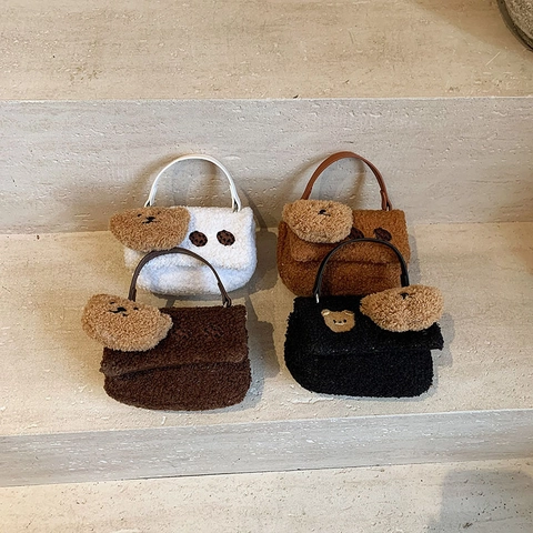 Damen Mini Teddy Fleece Handtasche Mit Süßer Bären Stickerei Plüsch Kleine Umhängetasche Retro Streetwear Kleiner Tote Mode Tasche