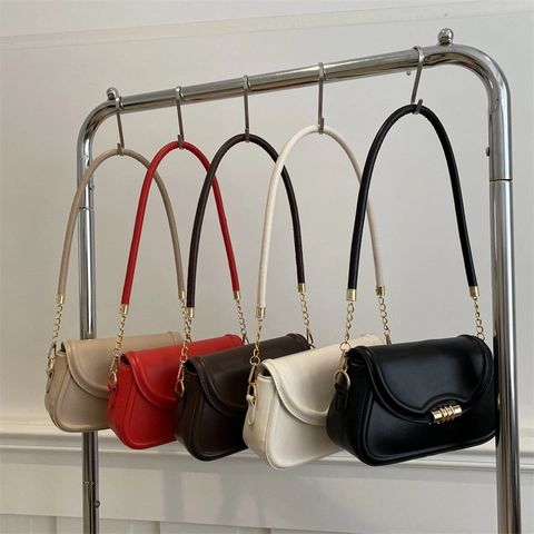 Vintage Damen PU Leder Schultertasche Trendy Gold Hardware Schloss Unterarmtasche Retro Quadratische Umhängetasche Alltagstasche
