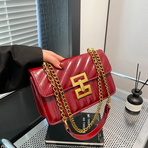 Borsa a Tracolla in Pelle PU Trapuntata Vintage per Donna Borsa a Spalla con Catena Lucida alla Moda con Fibbia in Metallo Borsa a Patta Quadrata alla Moda