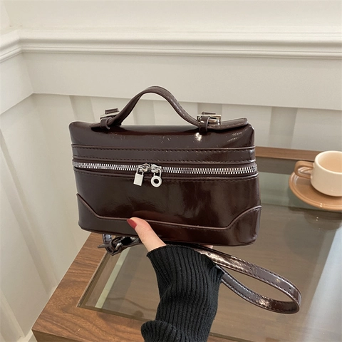 Bolso de Bandolera de Cuero PU Vintage para Mujer con Asa Superior Cremallera Plateada Bolso Cuadrado Pequeño