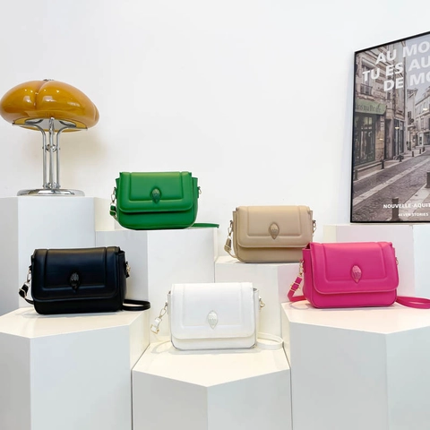 Women Fashion Small Square Bag PU Leather Flap Crossbody Bag With Eagle Head Buckle Adjustable Strap Trendy Solid Color