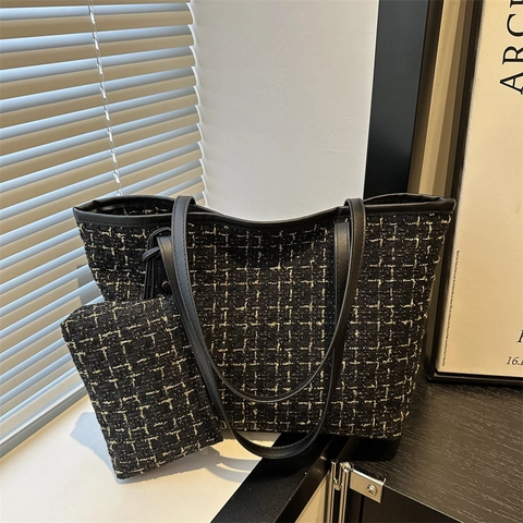 Damen Tweed Tote Bag Und Kleiner Beutel Große Kapazität Schicke Elegante Umhängetasche Für Den Täglichen Weg Mode