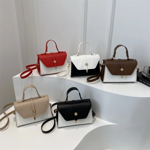 Bolso De Mano Para Mujer De Color En Contraste Cuero PU Vintage Bolso De Hombro Bolso Bandolera Hebilla Redonda Dorada Bolso Cuadrado