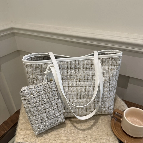 Damen Vintage Tweed Tote Bag Und Mini Pouch Große Kapazität Schulter Handtasche Mode Plaid Arbeit Reise Täglich Tasche