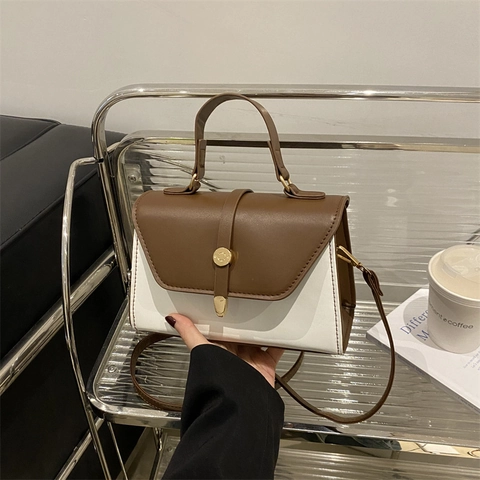 Bolso De Mano Para Mujer De Color En Contraste Cuero PU Vintage Bolso De Hombro Bolso Bandolera Hebilla Redonda Dorada Bolso Cuadrado