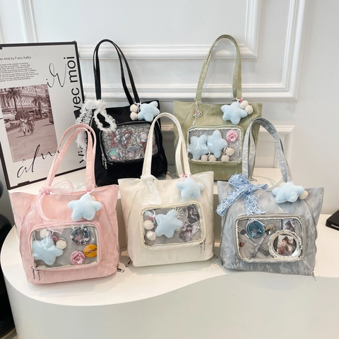 Large Capacity PU Ita Bag Tote Fashion Women Shoulder Bag School Commuter Handbag With Transparent DIY Window Ruffles