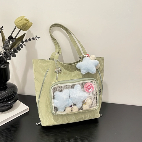 Bolso Ita de Cuero PU Arrugado de Gran Capacidad Para Mujer Bolso Tote con Ventana Transparente Con Colgante de Peluche de Estrella Bolso de Hombro Lindo