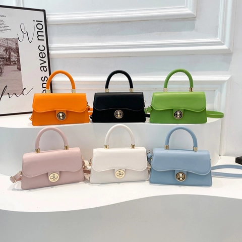 Trendy Women PU Leather Small Square Bag With Circular Gold Metal Lock Solid Color Top Handle Crossbody Shoulder Bag Fashion