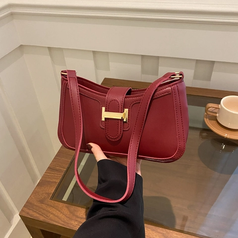 Dames PU Lederen Okseltas Retro Mode Schoudertas Met Metalen H-Gesp Eenvoudige Halve Maan Baguette Tas