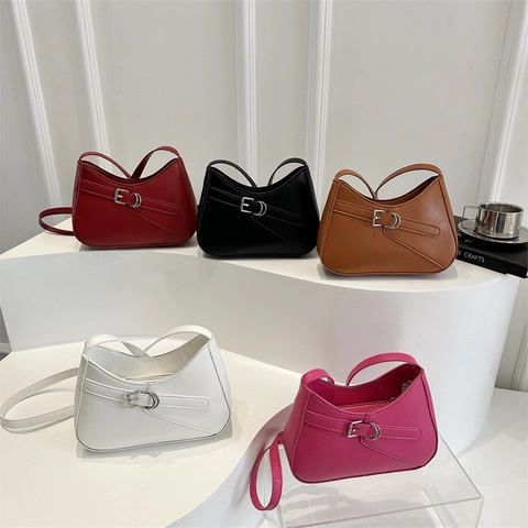 Minimalist PU Leather Underarm Hobo Bag For Women With Metal Buckle Half Moon Shoulder Purse Vintage Streetwear