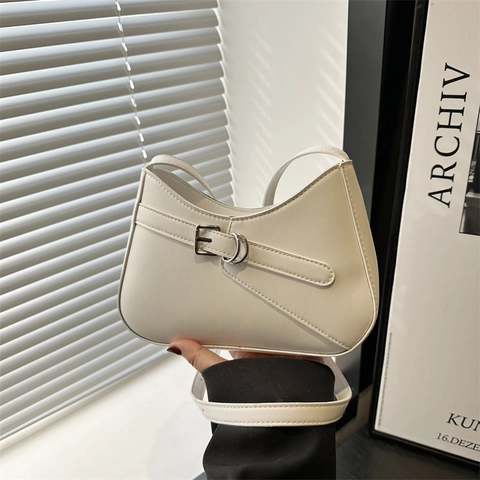 Women Underarm Shoulder Bag PU Leather Retro Hobo Baguette Style With Decorative Belt Buckle Commuter Handbag