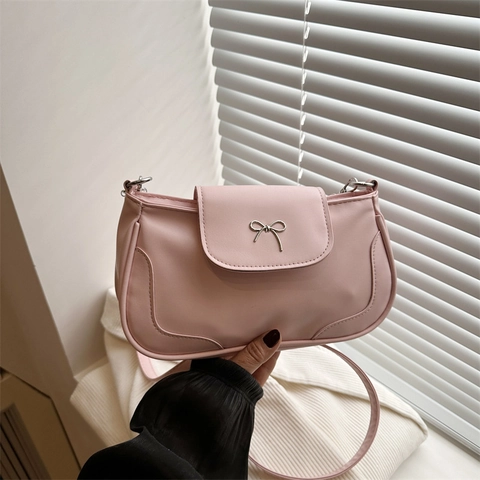 Women PU Leather Shoulder Bag With Bow Decoration Solid Color Elegant Flap Crossbody Bag For Commuting Underarm Bag