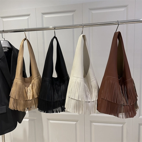 Sac À Épaule Femme Grande Capacité Franges Cuir PU Texture Litchi Tassel Fourre-tout Hobo Et Pochette Rétro