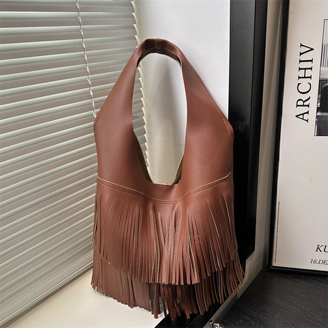 Sac À Épaule Femme Grande Capacité Franges Cuir PU Texture Litchi Tassel Fourre-tout Hobo Et Pochette Rétro