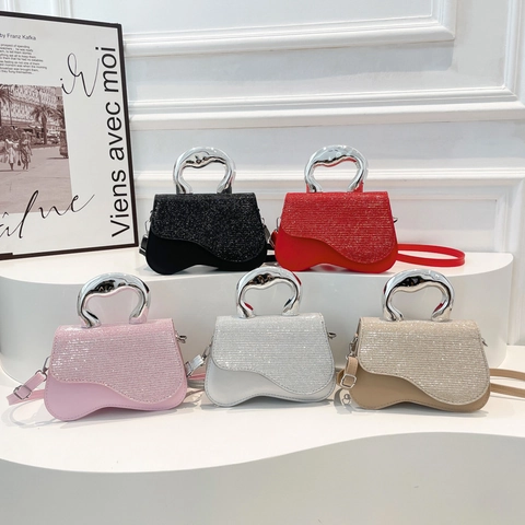 Fashion PU Leather Glitter Shoulder Bag For Women Trendy Irregular Wave Small Square Handbag With Metal Handle Crossbody Bag