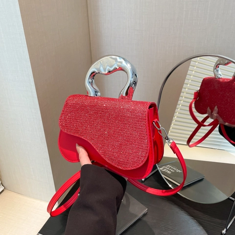 Fashion Sequin Patchwork Saddle Bag For Women Irregular Metal Handle Shoulder Crossbody Bag Minimalist Evening Party Handbag