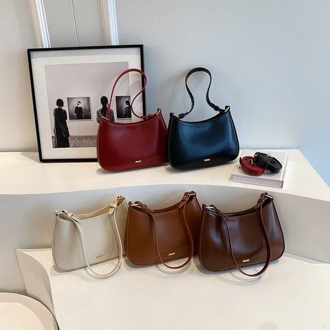 Women PU Leather Half Moon Hobo Bag Underarm Shoulder Bag With Adjustable Strap Solid Color Simple Urban Style