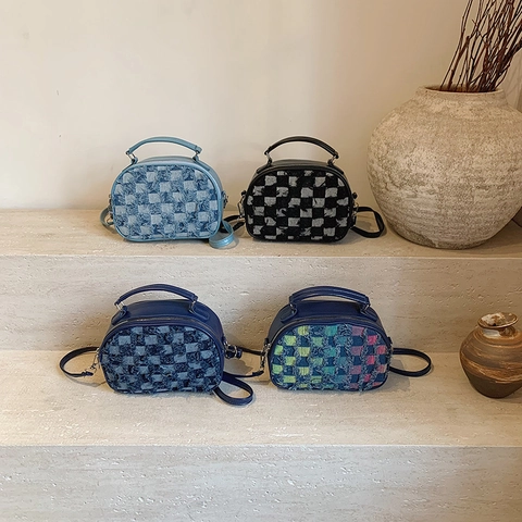 Sac à Épaule Damier pour Femmes PU Denim Splicing Franges Sac Bandoulière Décontracté Petit Sac Carré Tendance