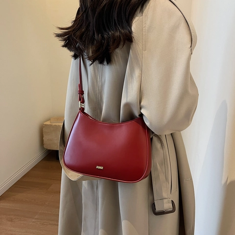 Women PU Leather Half Moon Hobo Bag Underarm Shoulder Bag With Adjustable Strap Solid Color Simple Urban Style
